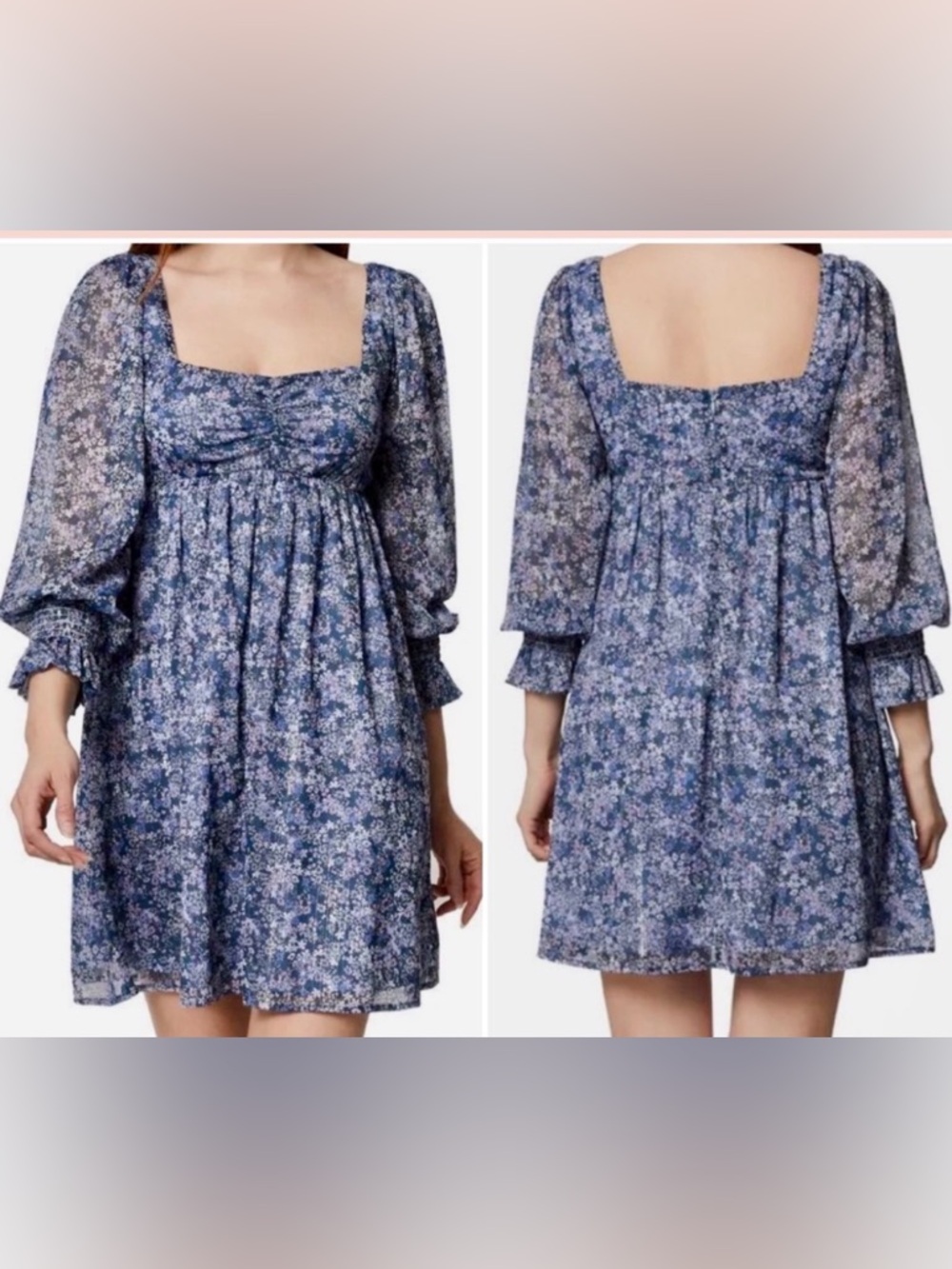 BCBG babydoll mini floral dress, size 6, sheer puff sleeves, square neckline